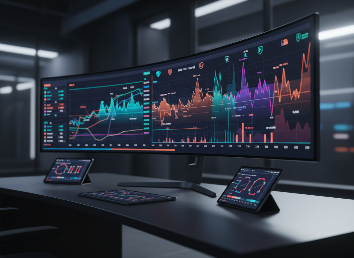A sleek, modern sports betting war room with a wide, ultra-sharp curved monitor dominating the scene, covered in colorful NFL, NBA, MLB, and NCAA odds, futures, and parlay combinations displayed as glowing charts and line graphs instead of text. Multiple tablets and a slim laptop lie on a matte black desk, each showing simplified bracket diagrams and line movement tickers. Dramatic side lighting creates bold contrasts, reflecting off brushed metal surfaces and dark glass. Shot from a slightly elevated angle in photographic realism, with a shallow depth of field that keeps the main screen crisp while the surrounding tech softly blurs, conveying a bold, high-stakes, forward-looking atmosphere.